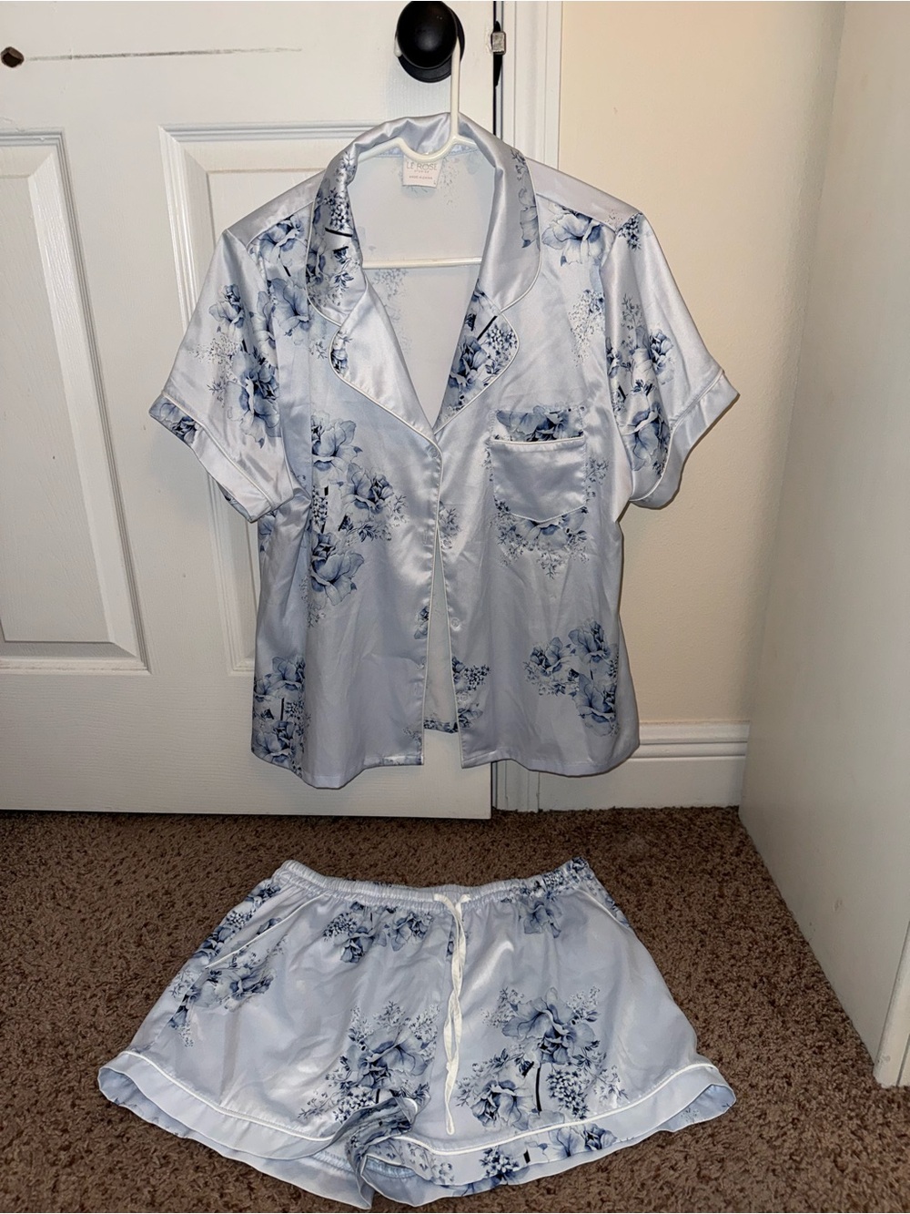 Satin Floral Short Sleeve Pajama Set - Light Blue